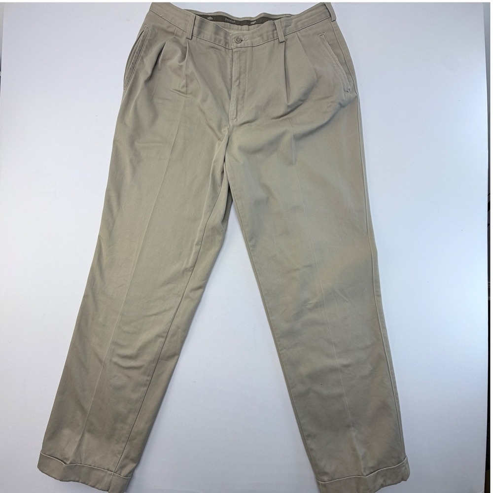 Savane Mens 38x34 Pleated Chino Pants Khaki Tan Cotton Cuffed Straight Trousers